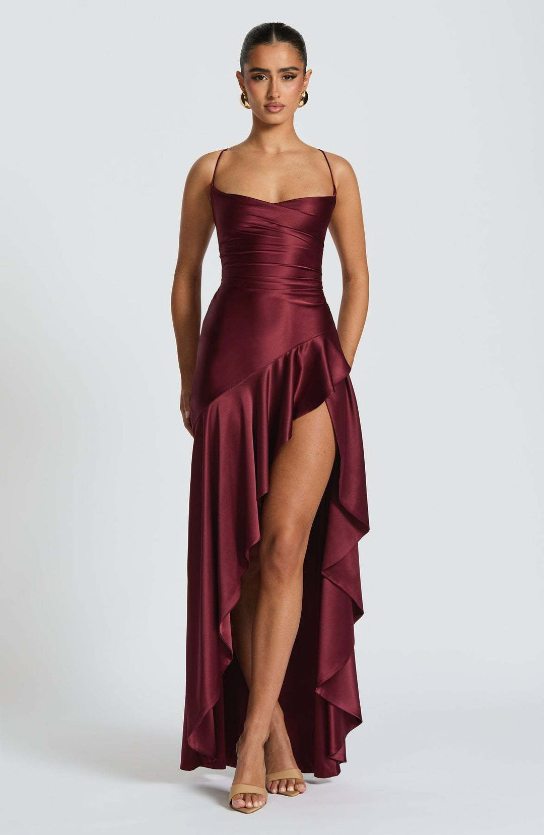 Satin Ruched Bodice Cascade Ruffle High Split Maxi Gown