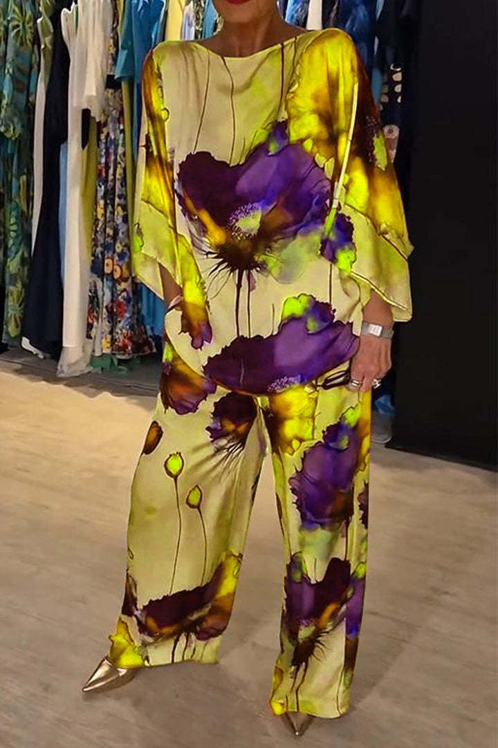 Unique Elegant Satin Loose Fit Printed Batwing Sleeve Set