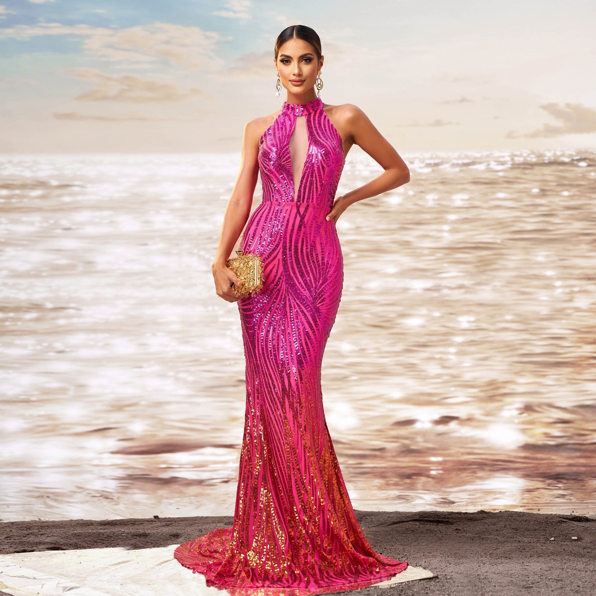 Off-shoulder slim fit hip sequined fishtail evening dress
