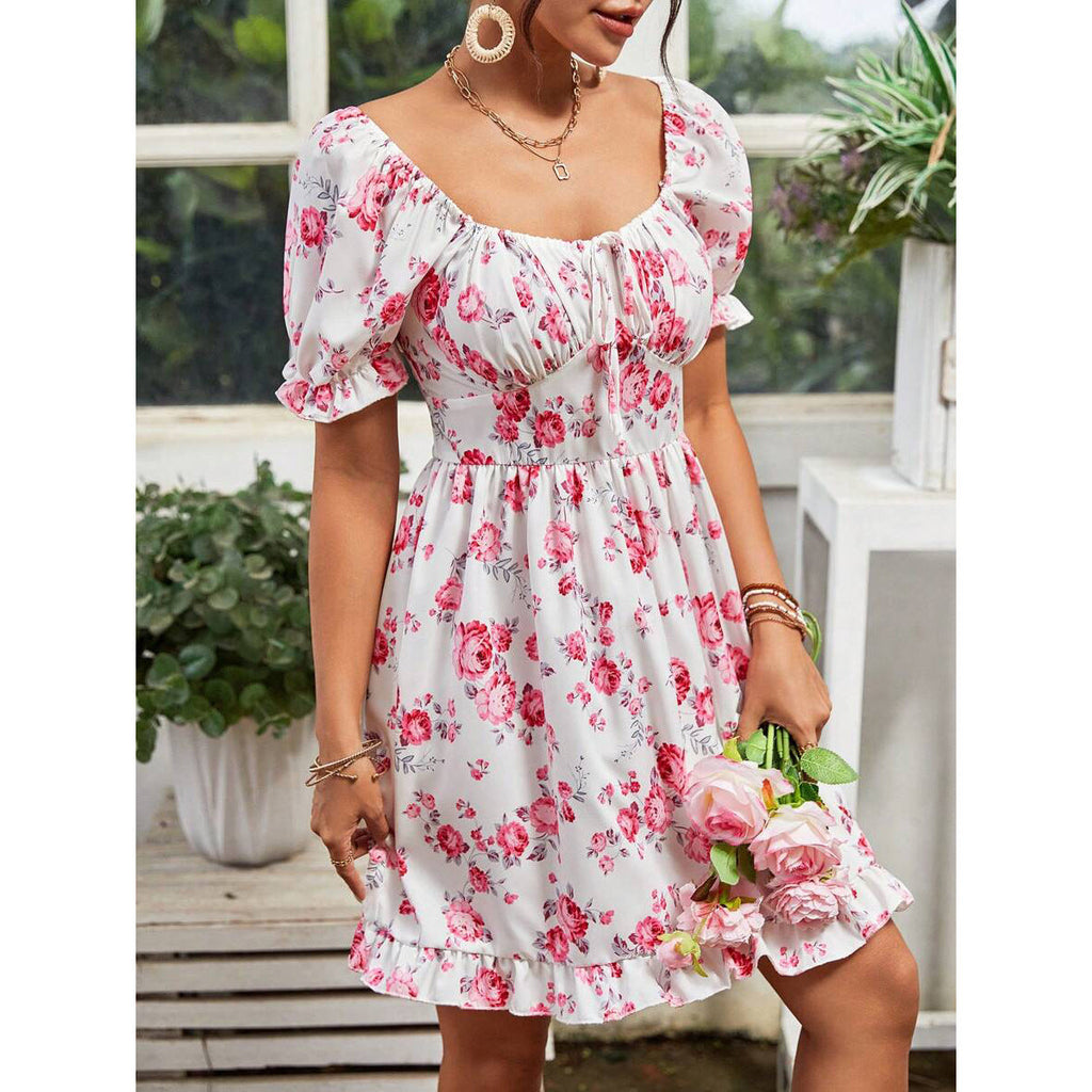 Tatiana Chic Women's Floral Basic Dress with Puff Sleeves and Adjustable Neckline Boutique Collection