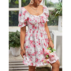 Tatiana Chic Women's Floral Basic Dress with Puff Sleeves and Adjustable Neckline Boutique Collection