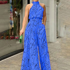 High Waist Lace up Sleeveless Halter Jumpsuit