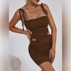 Bow Tie Shoulder Strap Square Neck Waist Cut Out Ruched Mini Dress