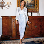 Surplice V-Neck Bishop Sleeve Bow Tie Sequin Skirt Maxi Gown
