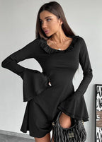 Off Shoulder Ruffle Trim Bell Sleeve Fit and Flare Mini Dress