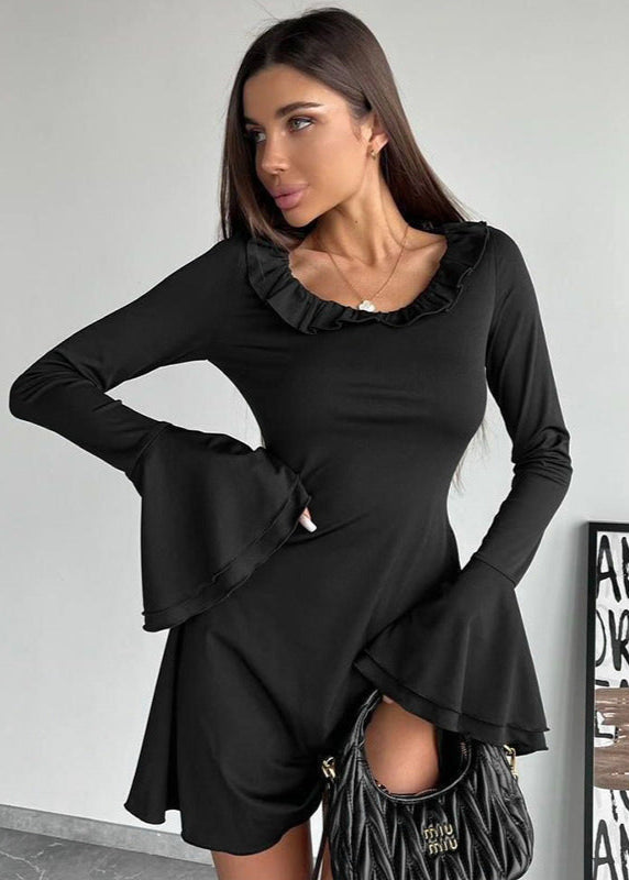 Off Shoulder Ruffle Trim Bell Sleeve Fit and Flare Mini Dress