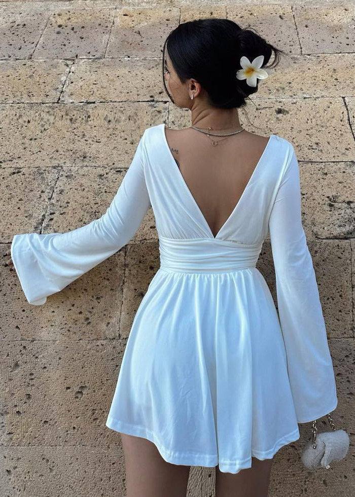 Deep V-Neck Bell Sleeve Ruched Waist Wrap Mini Dress