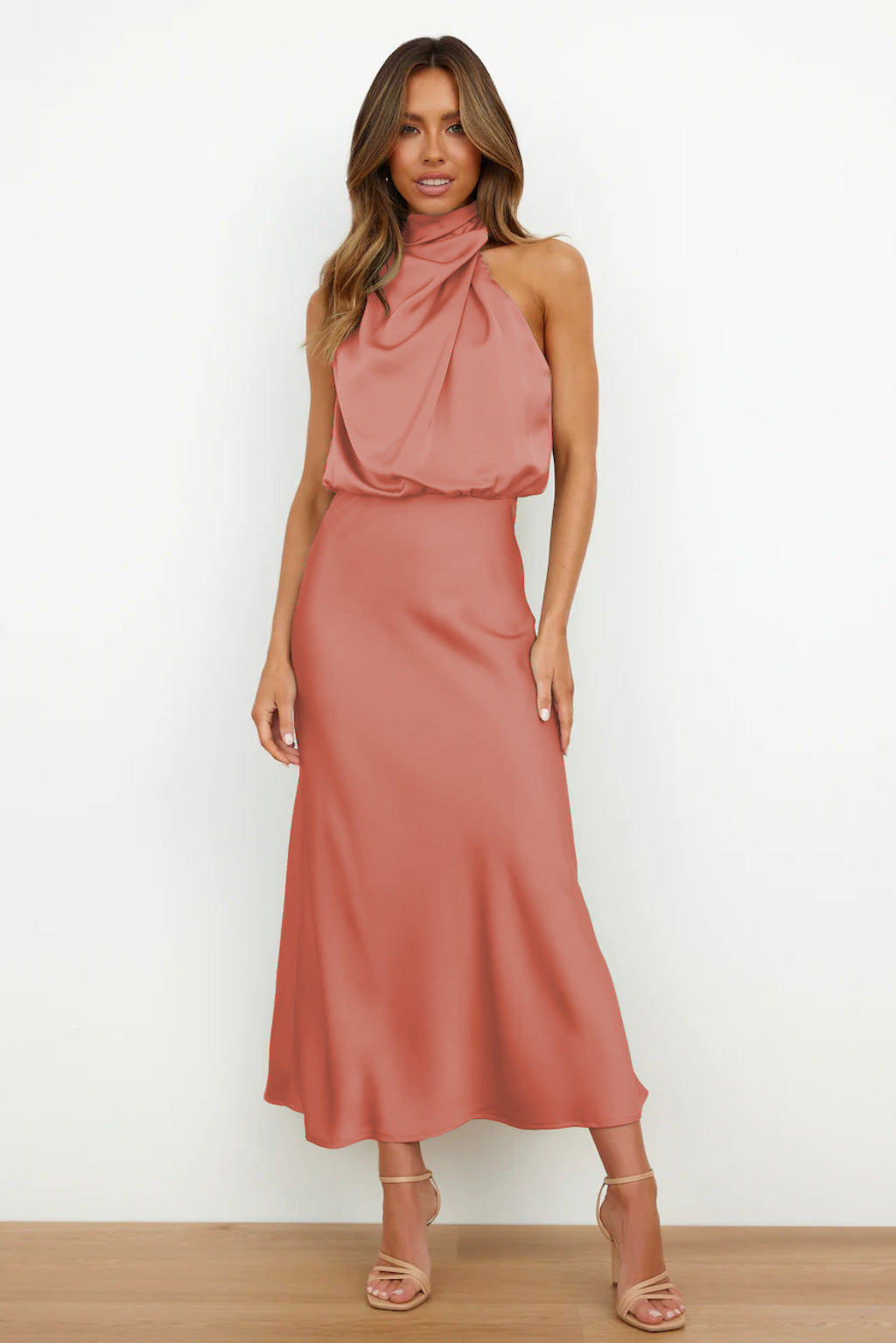 Halter Cowl Neck Sleeveless Satin Bias Cut Midi Dress