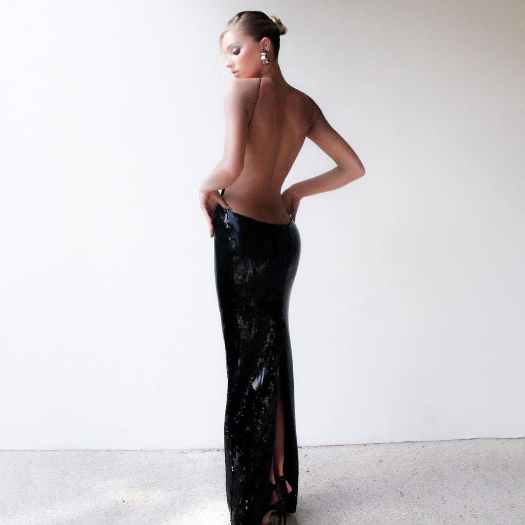 Sequin Halter Neck Cross Strap Keyhole Cut Out Side Waist Bodycon Maxi Gown