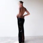 Sequin Halter Neck Cross Strap Keyhole Cut Out Side Waist Bodycon Maxi Gown