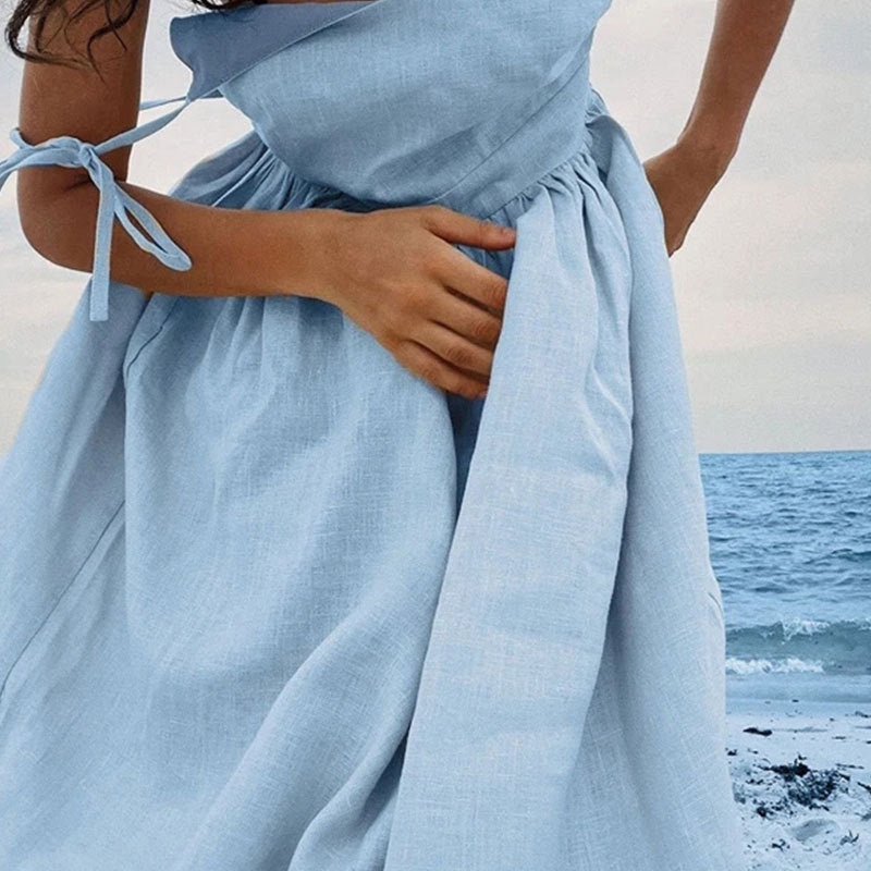 Linen Deep V-Neck Spaghetti Strap Backless Pleated Waist Maxi Dress