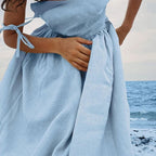 Linen Deep V-Neck Spaghetti Strap Backless Pleated Waist Maxi Dress
