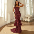 Sequined boat neckline open back evening dress