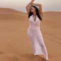 Sheer Mesh Halter Cowl Neck Bodycon Maxi Dress