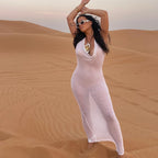 Sheer Mesh Halter Cowl Neck Bodycon Maxi Dress