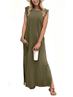 Crew Neck Muscle Tank Sleeveless Relaxed Shift Maxi Dress