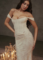 Off Shoulder Corset Bustier Floral Jacquard Ruched Mermaid Maxi Gown
