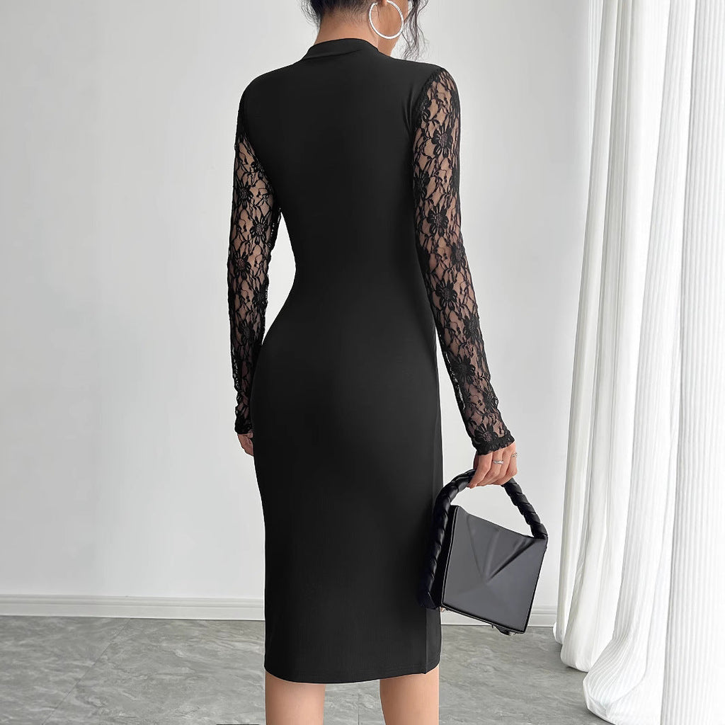 Mock Neck Lace Panel Long Sleeve High Slit Bodycon Midi Dress