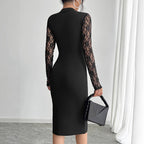 Mock Neck Lace Panel Long Sleeve High Slit Bodycon Midi Dress