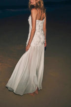 Indulge in Floral Applique Pleated Chiffon Hem Slip Maxi Dress