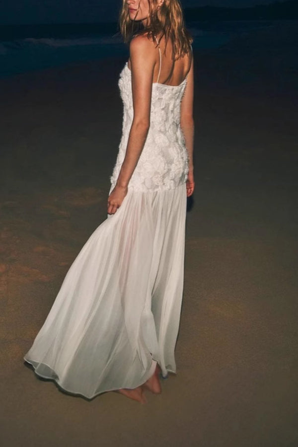 Indulge in Floral Applique Pleated Chiffon Hem Slip Maxi Dress