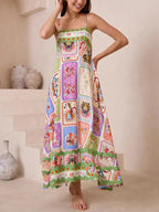 Tarot Panel Print Spaghetti Strap Square Neck Maxi Dress