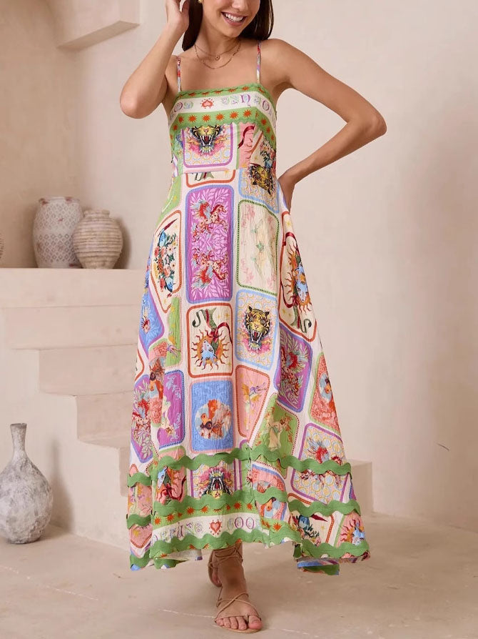 Tarot Panel Print Spaghetti Strap Square Neck Maxi Dress