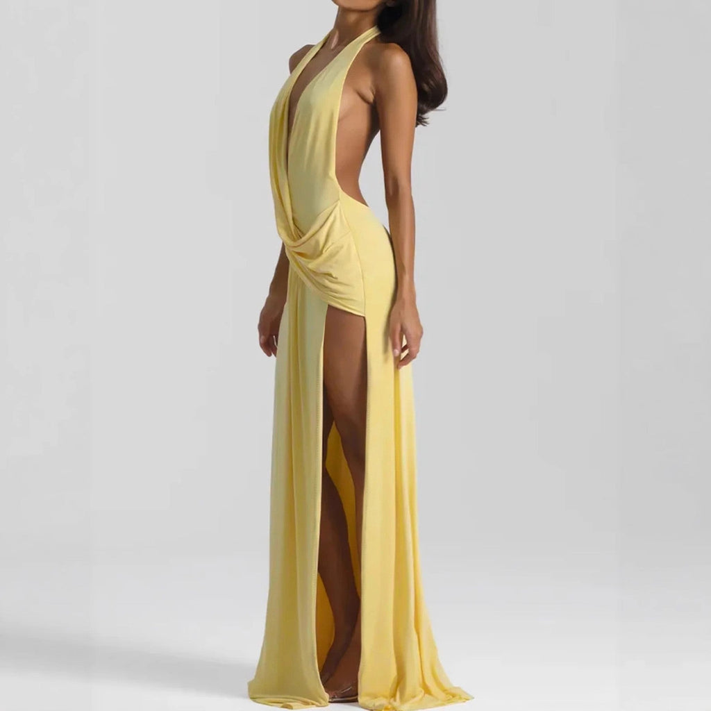 Halter Neck Deep V-Neck Draped Wrap Ruched High Split Maxi Dress