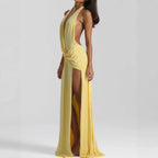 Halter Neck Deep V-Neck Draped Wrap Ruched High Split Maxi Dress