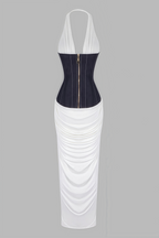 Sarads Deep V White Denim Maxi Dress