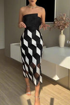 Sexy Tube Top and Backless Rhombus Contrast Midi Dress