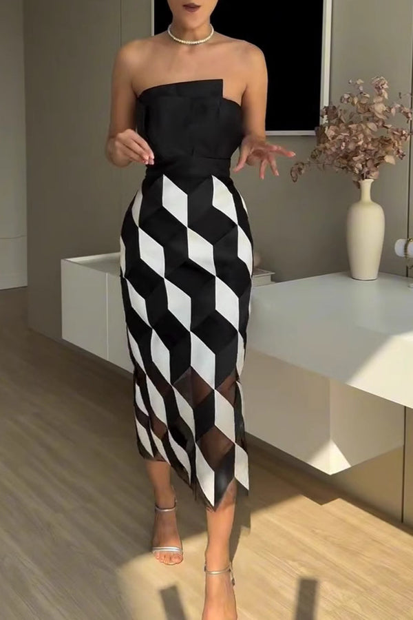 Sexy Tube Top and Backless Rhombus Contrast Midi Dress
