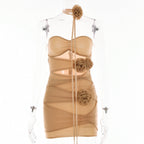 Strapless Choker Neck 3D Floral Rosette Cut Out Ruched Bodycon Mini Dress