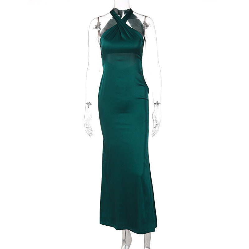 Satin Twist Front Halter Neck Bodycon Maxi Cocktail Dress
