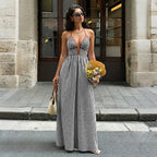 Vertical Stripe Halter Neck Deep V Neck Contrast Trim High Waist Maxi Dress