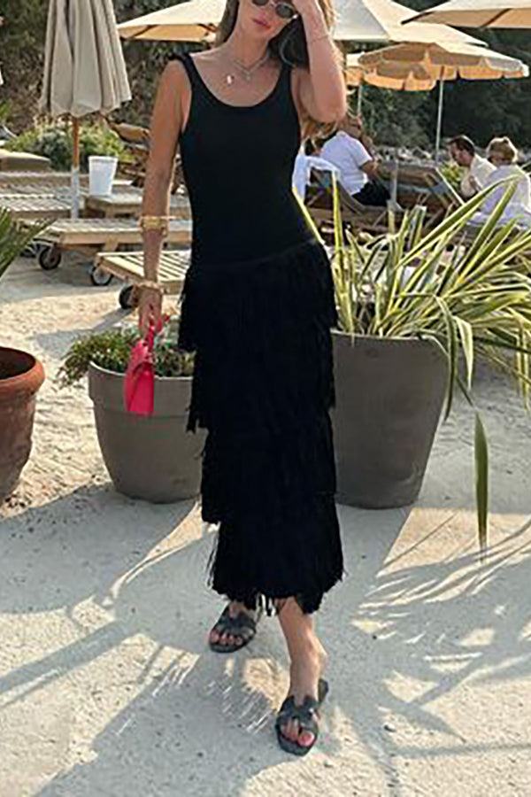 Solid Color Sleeveless Slim Fit Fringed Hem Knitted Midi Dress