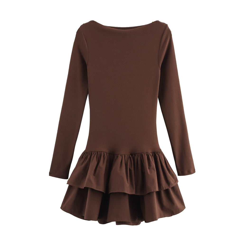 Rib Knit Bell Cuff Ruffle Hem Long Sleeve Mini Dress
