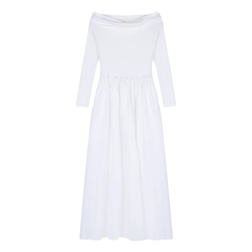 Off Shoulder Bardot Draped Bodice Pleated Full Skirt Long Sleeve Maxi Dress