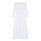 Off Shoulder Bardot Draped Bodice Pleated Full Skirt Long Sleeve Maxi Dress