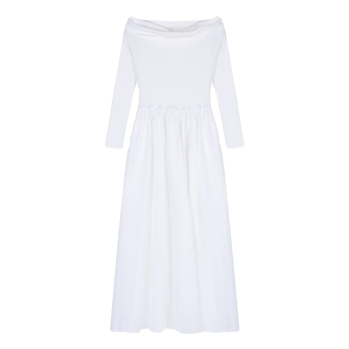 Off Shoulder Bardot Draped Bodice Pleated Full Skirt Long Sleeve Maxi Dress