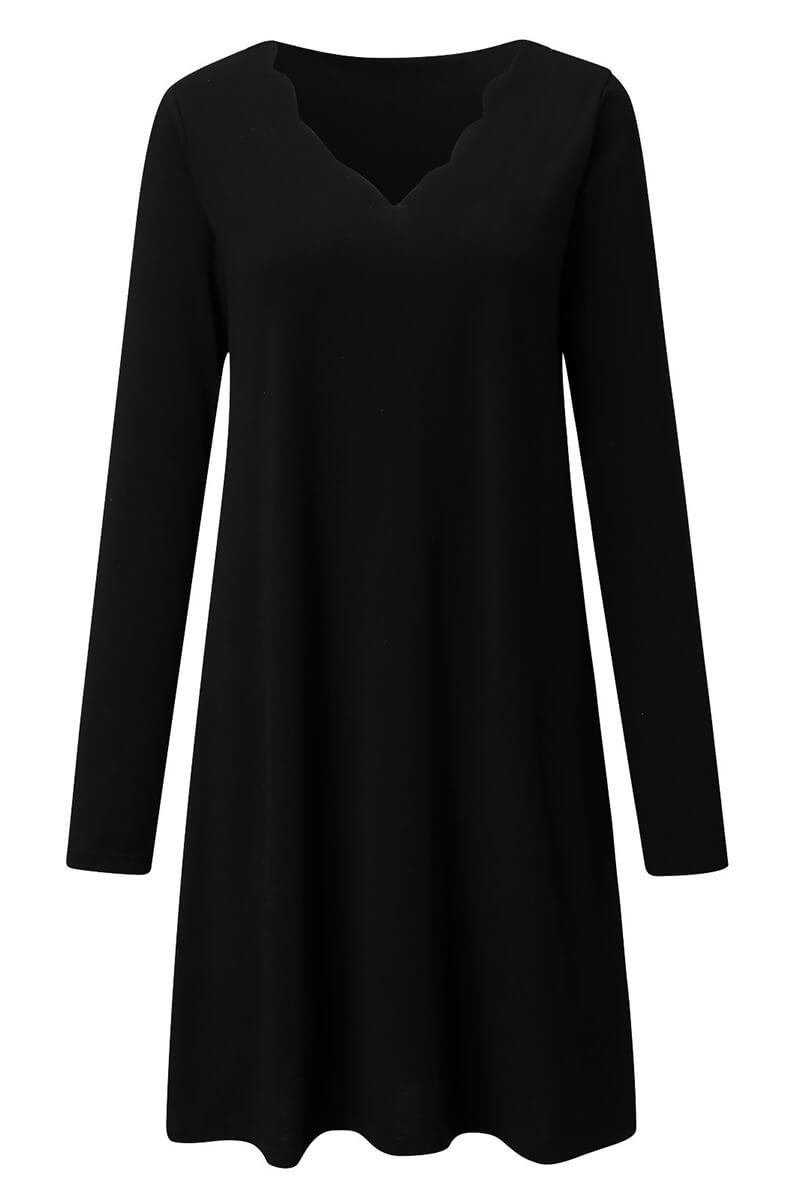 Diana Statement Long Sleeve V Neck Dress with Scalloped Hem Boutique Collection