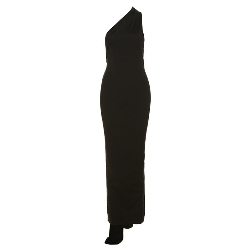One Shoulder Asymmetric Strap Metal Ring Open Back Ruched Train Maxi Dress