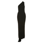 One Shoulder Asymmetric Strap Metal Ring Open Back Ruched Train Maxi Dress