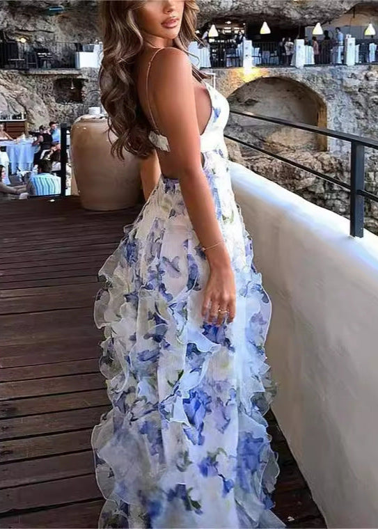 Floral Print Spaghetti Strap Ruched Corset Bodice Tiered Ruffle Chiffon Maxi Dress