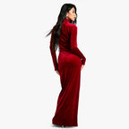 Velvet Mock Neck Long Sleeve Ruched Waist Tie Sash Maxi Dress
