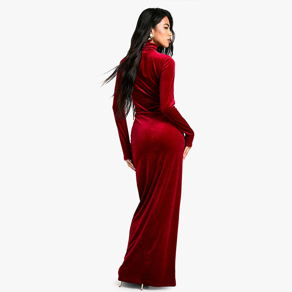 Velvet Mock Neck Long Sleeve Ruched Waist Tie Sash Maxi Dress
