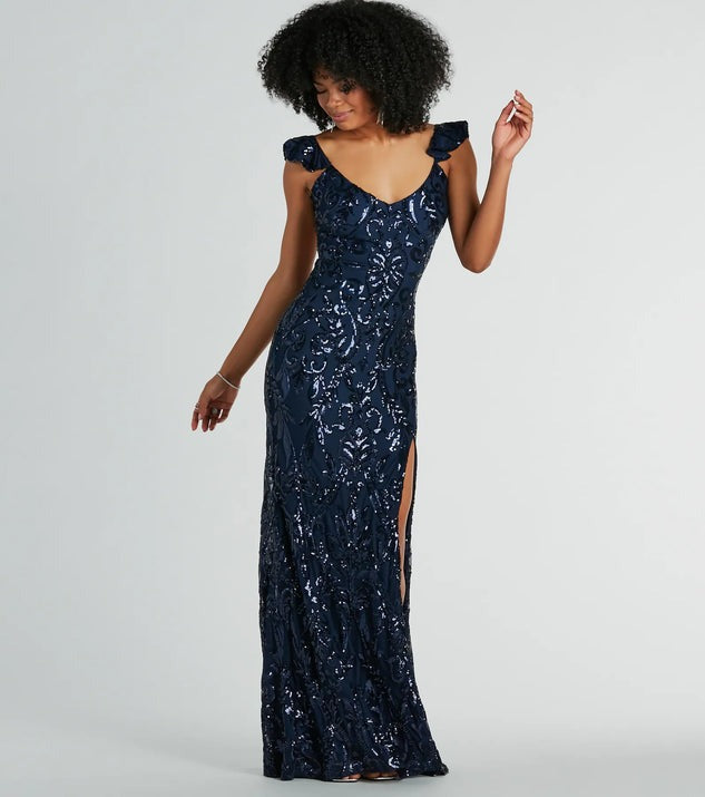 Sequin Beaded Floral Flutter Strap Deep V-Neck High Slit Maxi Gown