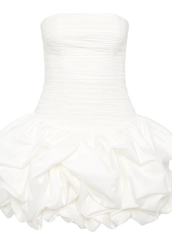 Strapless Ruched Bodice Bubble Hem Tiered Ruffle Mini Dress