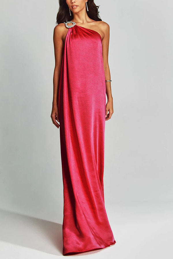 Charming Glance Satin Metal Hardware One Shoulder Loose Maxi Dress