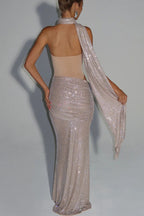Kailani Sequin Strapless Mesh Cutout Waist Ruched Scarf Maxi Dress